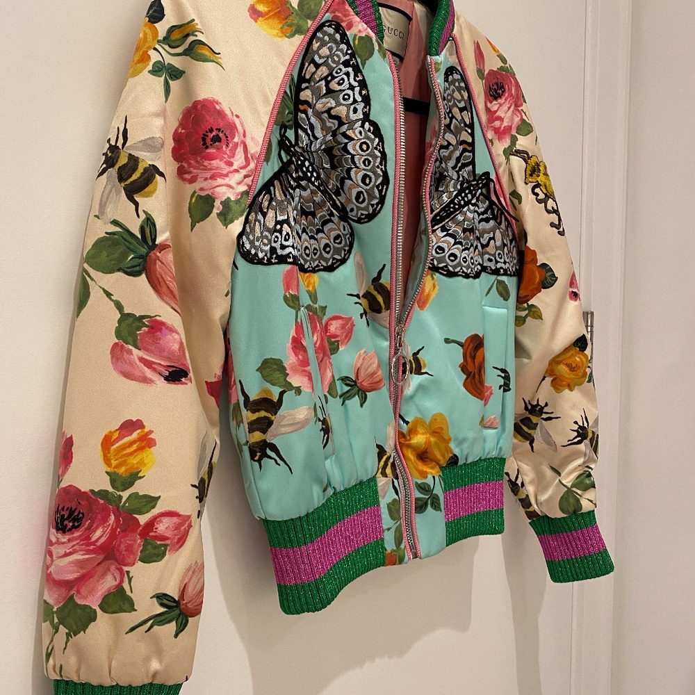 Gucci Rose Print Embroidered Silk Bomber
